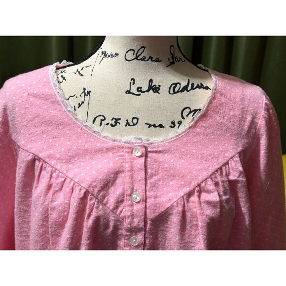 Lanz of Salzburg Pink Polka Dot Flannel Nightgown Women’s Long Sleeve Lace Trim - Picture 2 of 6